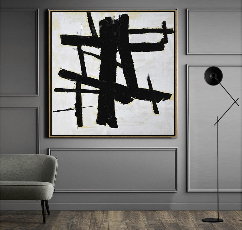 Original Artwork Extra Large Abstract Painting,Handmade Minimal Art Palette Knife Canvas Painting, Black White Beige - Living Room Wall Art